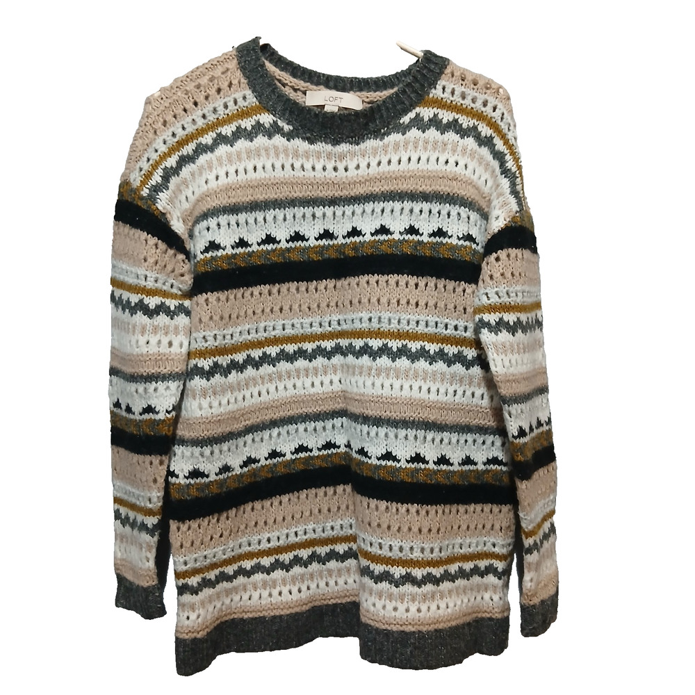 Ann Taylor Loft Sweater Womens Size Small Striped Gray Beige Wool Blend